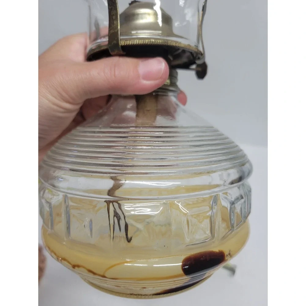 Vintage Clear Glass Oil Lamp Ribbed Geometric Base‎ Hurricane Chimney 13.5 Inch